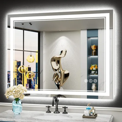 Miniatura 79 de 30x36 Espejo de baño LED con luces, retroiluminado y luz frontal, espejo de tocador iluminado antivaho para pared de baño, 3 colores, regulable