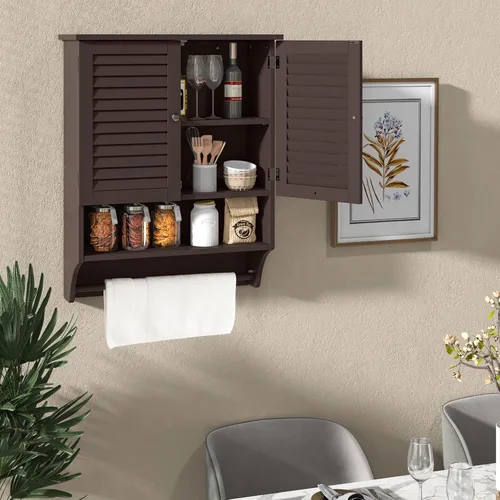 Miniatura 8 de Giantex Armario de baño montado en la pared con 2 puertas con rejillas, estante ajustable de 3 posiciones, toallero, ahorro de espacio sobre