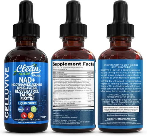 Miniatura 5 de Clean Nutra NAD Suplemento Líquido Gotas Resveratrol Polifenoles Liposomal Taurina Fisetina Extracto de Semilla de Uva Hierba Carmín Fo Ti Anti