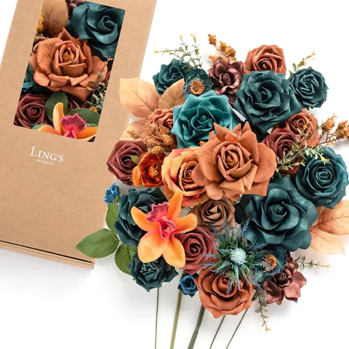 Miniatura 13 de Ling's moment Caja de Flores Artificiales, Tallos de Follaje Artificial de Espuma, Rosas de Seda, Girasol, Eucalipto, Flor de Tela para Centros