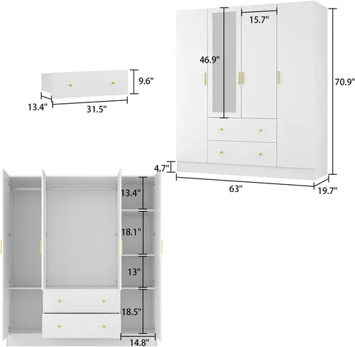 Miniatura 2 de FUNSIR Armario de dormitorio de 4 puertas, armario de madera con espejo, 2 rieles para colgar ropa, 5 estantes de almacenamiento y 2 cajones, unidad