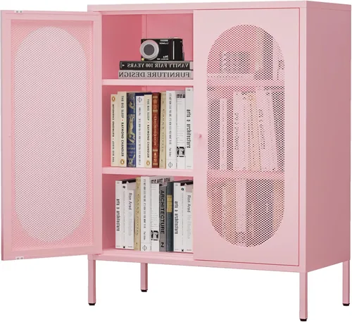 Miniatura 20 de Gabinete de almacenamiento de metal, soporte de TV de 2 puertas, armario decorativo con puertas y estante ajustable, armario de metal, mesita