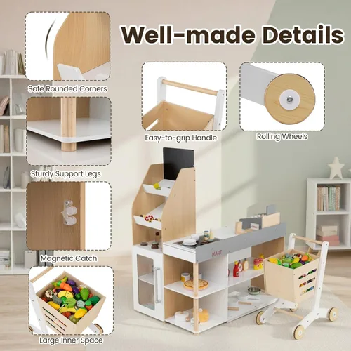 Miniatura 8 de Costzon Juego de simulación para tienda de comestibles, tienda de juegos de madera, juego de supermercado para niños pequeños con caja registradora