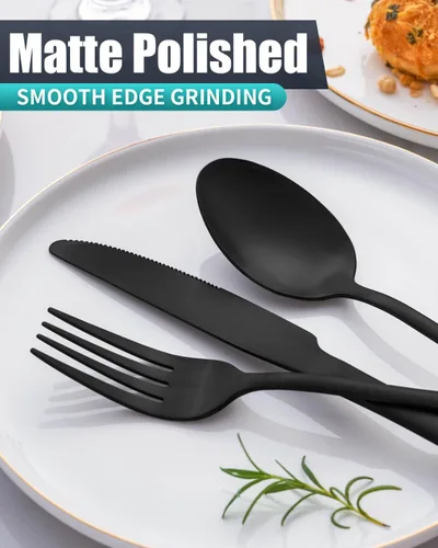 Miniatura 4 de Juego de cubiertos negros mate con cuchillos para carne, juego de cubiertos de acero inoxidable de 36 piezas para 6, moderno juego de cubiertos