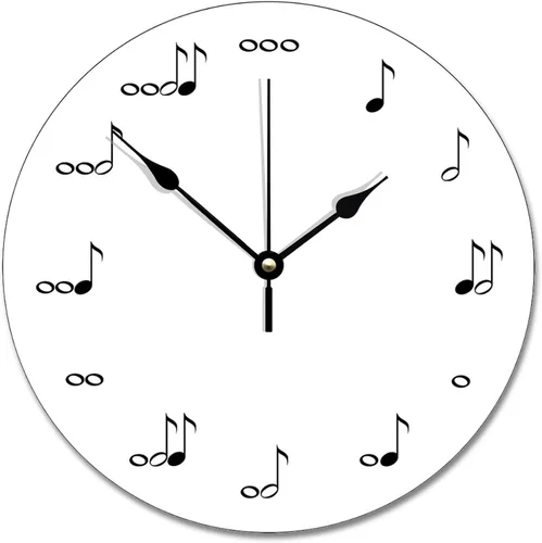 Reloj de pared con diseño de notas musicales cuadradas de 10 pulgadas, reloj de pared de madera con patrón blanco, silencioso, sin tictac, funciona