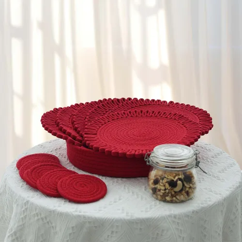 AHHFSMEI Juego de manteles individuales redondos tejidos a mano de jacinto de agua natural de jacinto de agua tejido a mano para mesa de comedor Rojo