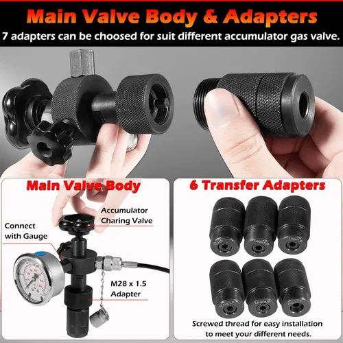Miniatura 3 de Sistema de carga de nitrógeno del acumulador hidráulico GK-01 con 7 acoplamientos, 3 medidores de presión, 1 manguera de gas y 1 cuerpo de válvula