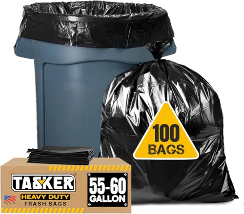 Tasker Bolsas de basura resistentes de 55 a 60 galones, paquete económico de 100 bolsas con lazos, bolsas de basura negras grandes para exteriores,
