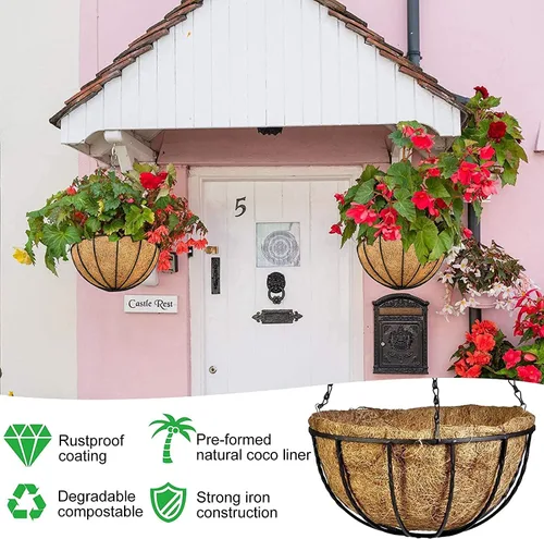 Miniatura 7 de GWY Cestas colgantes para macetas, 3 paquetes de 12 pulgadas, soporte de alambre de metal para plantas con forro de coco y cadena negra para colgar