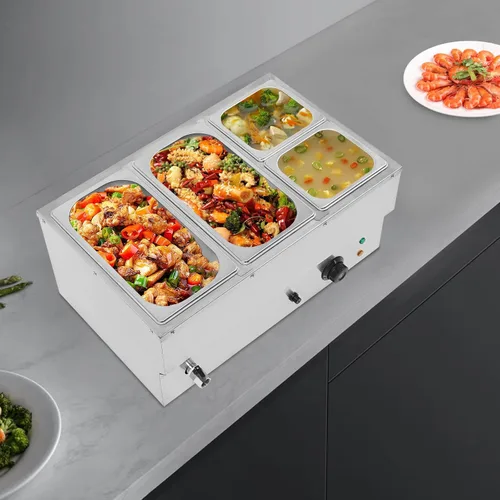 Miniatura 7 de Calentador de sopa de alimentos de 110 V, 4 sartenes, mesa de acero inoxidable de grado alimenticio, encimera comercial, cafetería de buffet