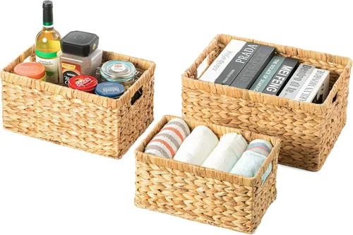 Miniatura 7 de Cesta rectangular de mimbre de jacinto de agua tejido natural con asas, organizador de almacenamiento pequeño, bandeja de cesta poco profunda de 12