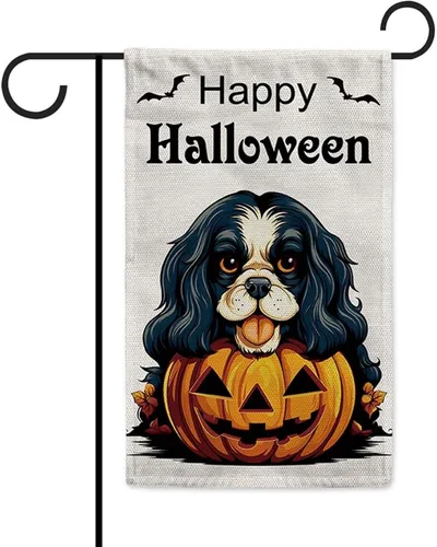 Miniatura 10 de Bandera de jardín de bulldog de Halloween de 12.5 x 18 pulgadas, vertical, doble cara, calabaza de Feliz Halloween, linda cachorro, decoración