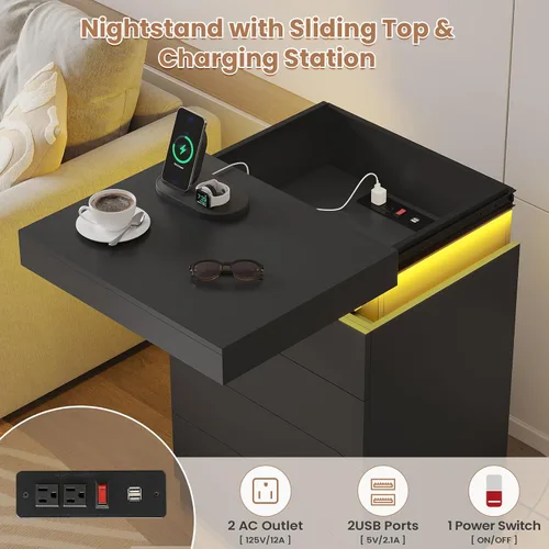Miniatura 3 de ADORNEVE - Mesita de noche negra con cajones y luces LED, mesita alta con parte superior deslizable, mesa de cabecera con estación de carga, mesa