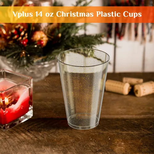 Miniatura 8 de Vplus 100 unidades de 14 onzas de vasos de plástico grandes con purpurina dorada resistentes, vasos de plástico desechables elegantes, vasos
