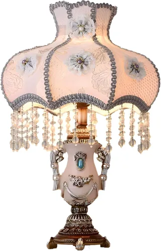 Miniatura 14 de Lámpara de mesa inteligente victoriana con cuentas de cristal y acabado dorado, base de resina verde esmeralda, enchufe E26 para dormitorio, Verde 1