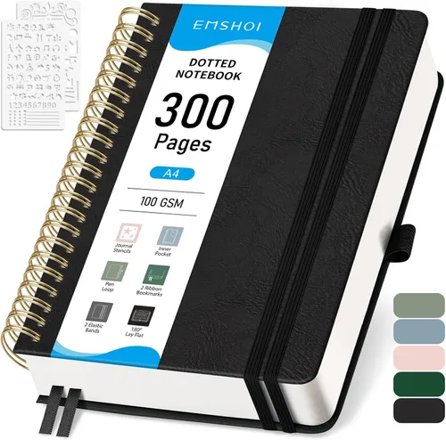 EMSHOI Cuaderno de Espiral con Puntos para Bullet Journal - 300 Páginas, Cuero de Tapa Dura A4, Cuaderno de Cuadrícula de Puntos Gruesos de 100 GSM