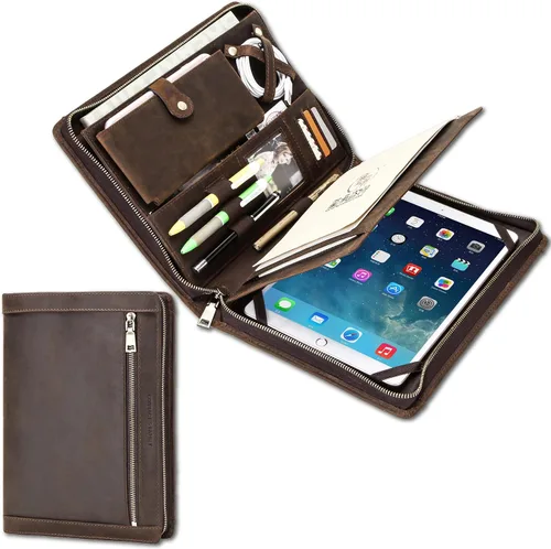 Miniatura 13 de Top Grain Leather - Padfolio de 8.3 pulgadas para hombres y mujeres, diseño vintage hecho a mano, organizador multifuncional de cartera de negocios