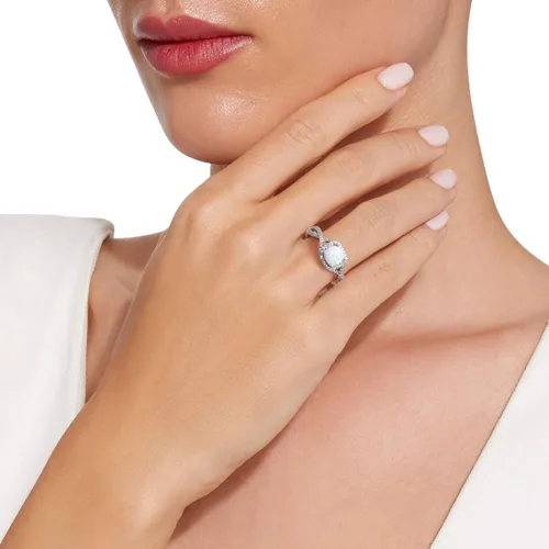 Miniatura 6 de FANCIME Anillos de ópalo creados con piedra natal de octubre, plata de ley, 4 puntas, halo de ópalo de fuego blanco, circonita cúbica, anillo