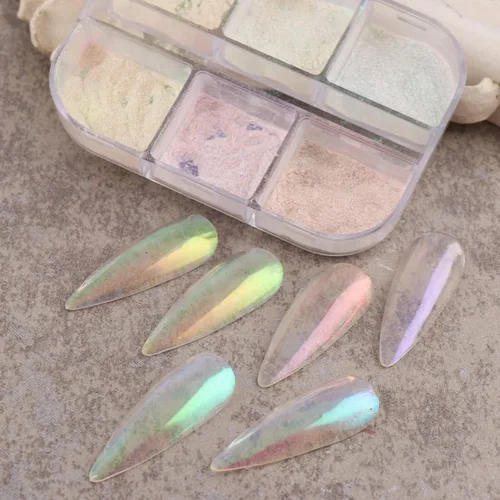 Miniatura 7 de Polvo de uñas cromado con efecto espejo metálico de 6 rejillas, pigmento aurora, brillo holográfico, iridiscente, polvo de manicura, esmalte de gel