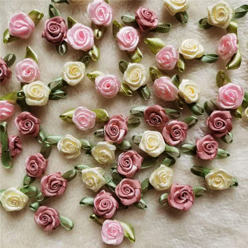 Miniatura 6 de 100 unids/lote de mini rosas hechas a mano con cinta de raso artificial para decoración de bodas, accesorios de costura (albaricoque)
