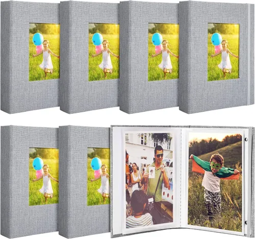 Miniatura 9 de Álbum de fotos pequeño de 6 piezas de 4 x 6 pulgadas, cubierta de lino con ventana frontal, álbum de recortes con capacidad para 52 fotos, mini Negro