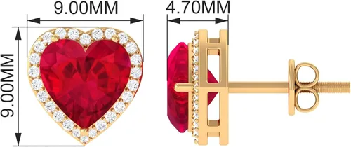 Miniatura 9 de 3.5 CT Lab Created Ruby and Moissanite Earrings, Created Ruby Stud Earrings with Moissanite Halo, Created Ruby Heart Stud Earrings, 14K Solid Gold