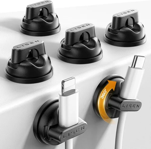 LISEN - Paquete de 6 soportes giratorios para cables para mesita de noche, clips magnéticos giratorios de 360°, organizador de cable adhesivo fuerte