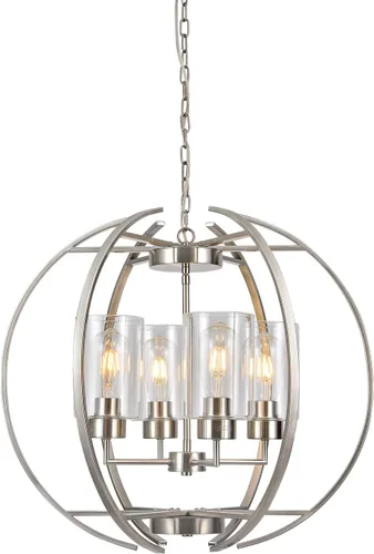 Miniatura 9 de BOZO Candelabro de globo de níquel cepillado de 20 pulgadas, lámpara colgante moderna de 4 luces para comedor y vestíbulo con pantallas de vidrio