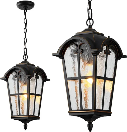 Miniatura 9 de VIANIS Lámpara colgante exterior negra con adornos dorados, luces colgantes exteriores con vidrio ondulado, candelabro exterior de aluminio