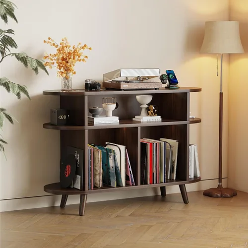 LIVEHOM Soporte redondo grande para tocadiscos, armario de almacenamiento de discos de madera, soporte para discos de vinilo con área de