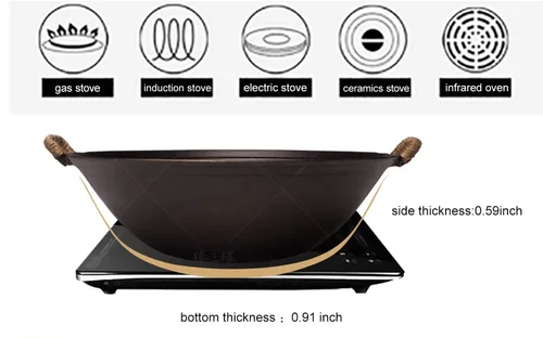 Miniatura 6 de ZhenSanHuan Wok de hierro fundido hecho a mano, sin revestimiento, sin pintura, saludable, fondo plano, apto para inducción (12.6 pulgadas)