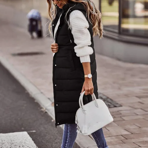 Miniatura 9 de Chaleco largo para mujer, sin mangas, acolchado, con cremallera, capucha, abrigo de invierno cálido, ligero, con bolsillos