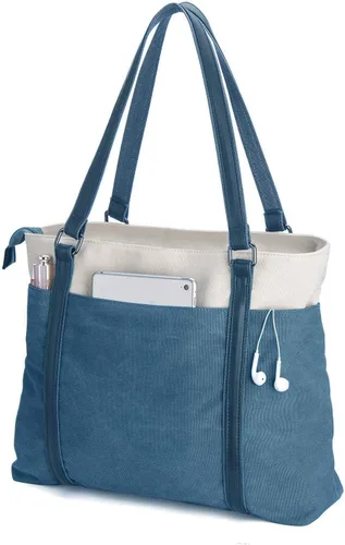 Miniatura 11 de Laptop Tote Bag for Women, 15.6 Inch Work Bag with Laptop Compartment and Zipper, Canvas Computer Tote for Teacher Marrón