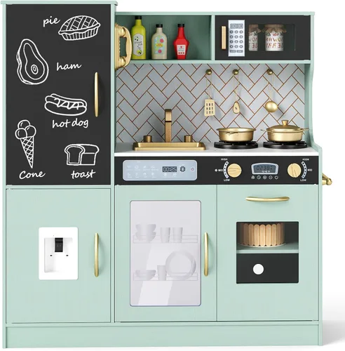 Miniatura 15 de HONEY JOY Juego de cocina para niños de 39 pulgadas, juego de cocina grande de madera con pizarrón, teléfono, utensilios, horno, microondas