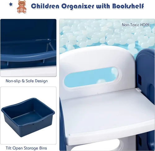 Miniatura 7 de HONEY JOY Organizador de almacenamiento de juguetes para niños de 4 niveles con 6 contenedores, unidad de almacenamiento de juguetes 2 en 1