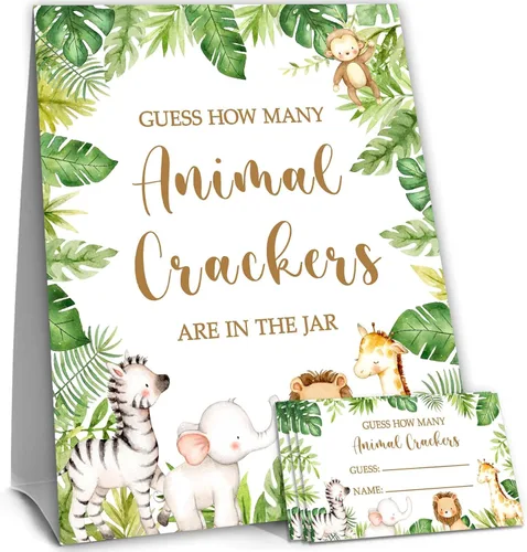 Tarjetas de juego de adivinanzas de la selva de safari, cuántas galletas de animales adivinando, 50 tarjetas y letrero a juego, baby shower de