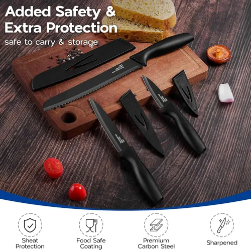 Miniatura 6 de Onader Juego de cuchillos de cocina negros, cuchillos pequeños afilados de acero inoxidable con tapas para cocina, 12 piezas