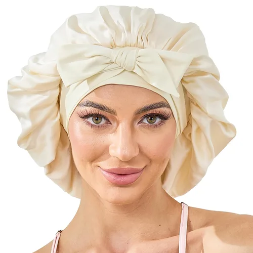 Miniatura 11 de Gorro de satén de seda con banda de amarre para dormir, para mujeres de cabello rizado: gorro de noche para cabello liso, ondulado, ensortijado, Rosa