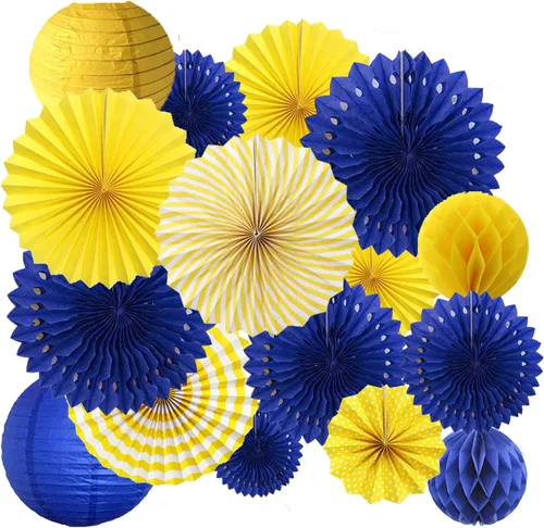 16 piezas de decoración de fiesta de graduación azul y amarillo de Minions para colgar en cumpleaños, abanicos de papel, rosetas, panales, faroles,