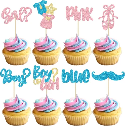 Miniatura 10 de Gyufise 24 piezas de decoración de cupcakes para niños o niñas, tutús para retoque de género, decoración de rugby para fiesta de revelación