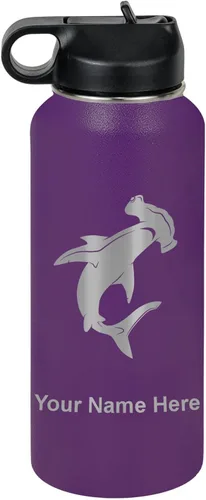 Miniatura 46 de LaserGram Botella de agua personalizada, tiburón martillo, acero inoxidable de doble pared aislada al vacío con popote superior, regalo grabado