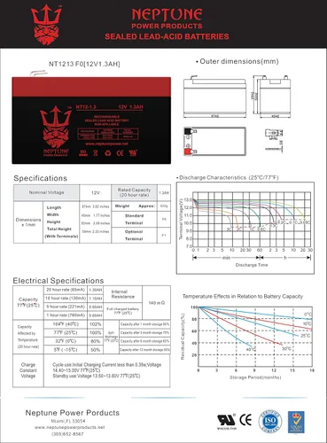 Miniatura 8 de Neptune - Batería SLA de repuesto para Ultratech Power Products original UT1213 12 V 1,3 Ah