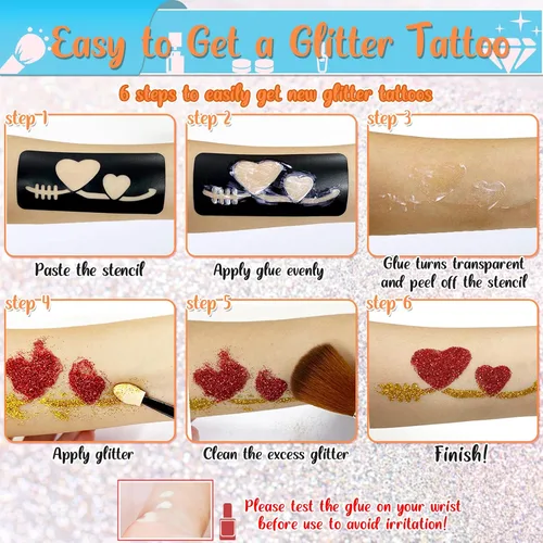 Miniatura 6 de TEUVO Kit de tatuaje con purpurina para niños con polvo de purpurina de 50 colores, 132 plantillas, 10 calcomanías luminosas, 6 polvos que brillan
