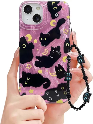 Miniatura 14 de Funda de teléfono para iPhone 11 con patrón de gato lindo, estética, genial y femenina con correa de encantos de teléfono y cadena, funda protectora