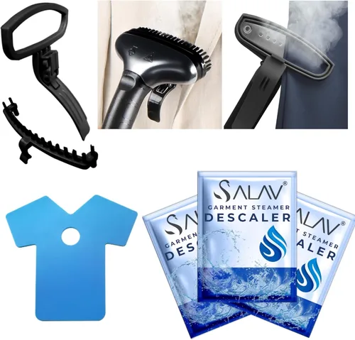 SALAV® Juego de accesorios: prensa para pantalones, cepillo de tela, mini tabla de planchar, paquetes descalcificadores de 3 piezas, compatible con