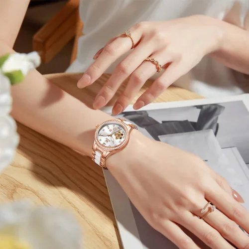 Miniatura 9 de OLEVS Relojes para mujer, reloj automático de lujo, correa de cerámica, oro rosa, reloj de pulsera para mujer
