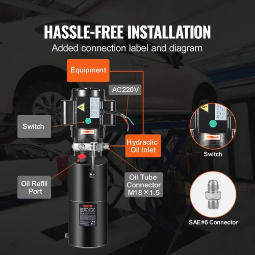 Miniatura 6 de VEVOR Unidad de potencia hidráulica 220V de 10 cuartos para elevador de auto 3HP Bomba hidráulica Bomba de potencia hidráulica monofásica con tanque