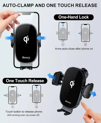 Miniatura 3 de Beeasy Cargador inalámbrico para automóvil, cargador rápido de 15 W, rotación de 360°, sujeción automática y liberación de un solo toque, soporte