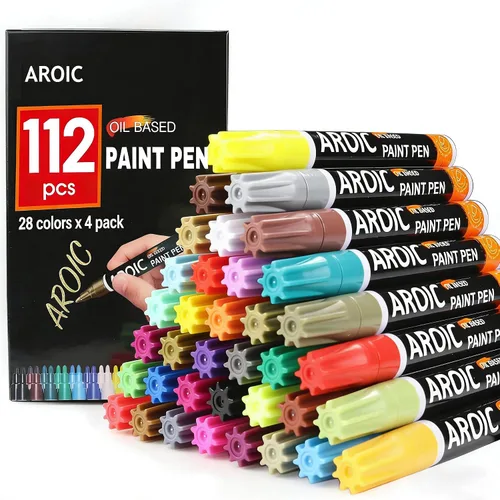 AROIC 112 marcadores de pintura acrílica, 28 colores de punta fina de 0.079 pulgadas, de secado rápido, impermeables, no tóxicos para vidrio,
