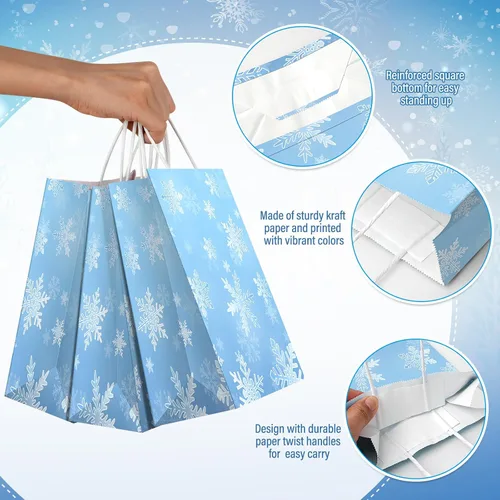 Miniatura 3 de Jectivs Paquete de 24 bolsas de regalo para fiestas, bolsas grandes y gruesas de papel kraft blanco con copos de nieve azul hielo con tejido blanco